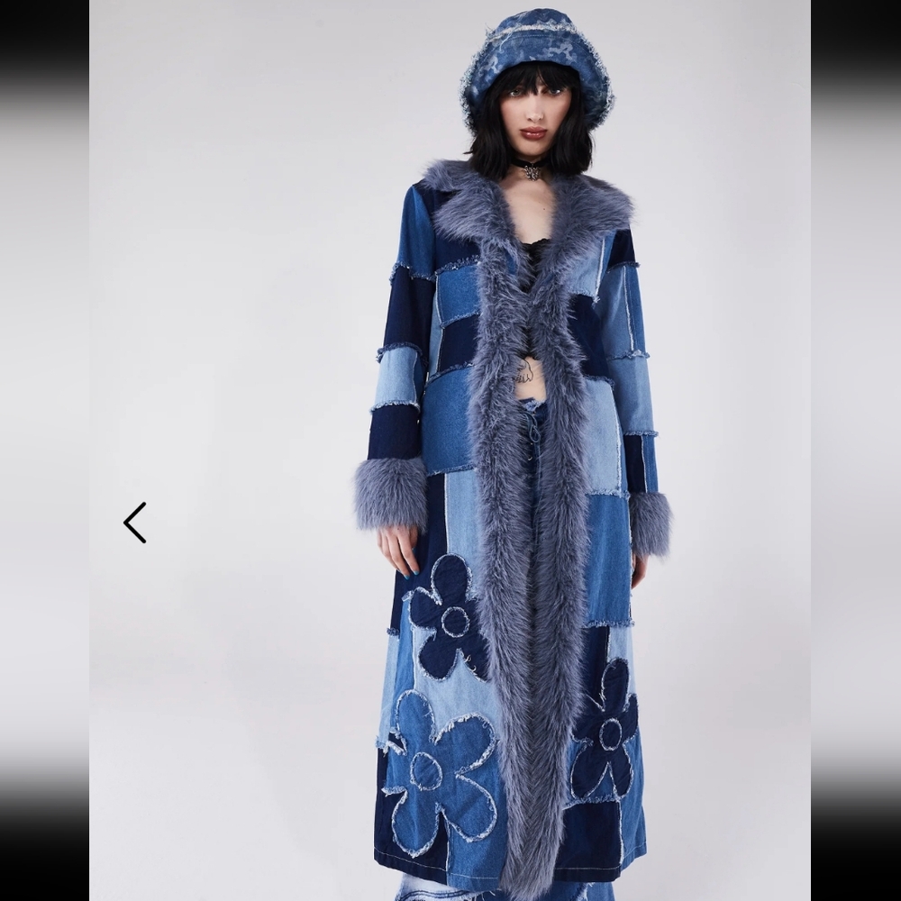 Y2K Long Blue Patchwork Coat with Faux Fur Trim